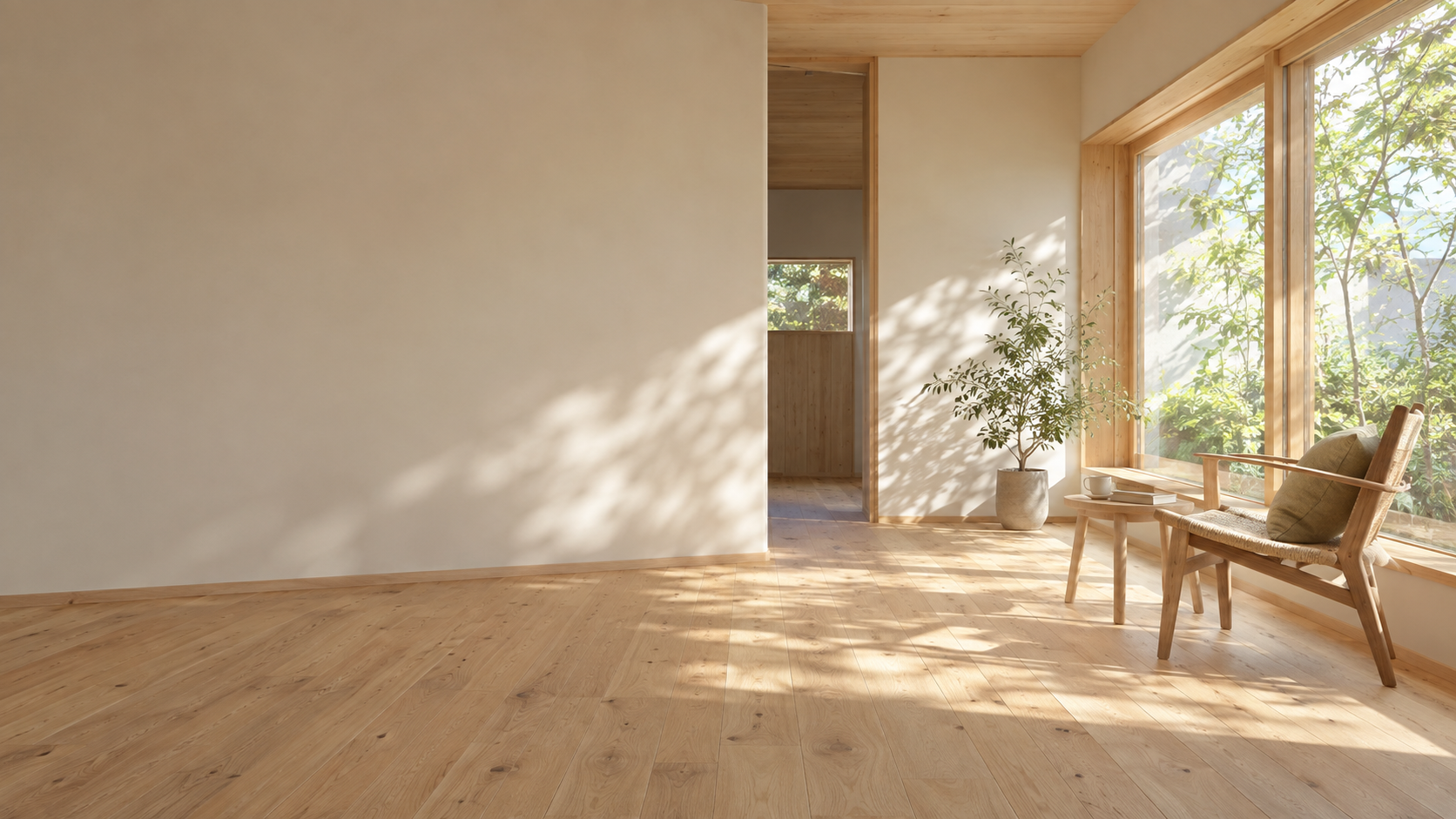 木の床と窓辺に柔らかな光が入る住空間の一般イメージ（生成画像）。実在の施工事例ではありません。